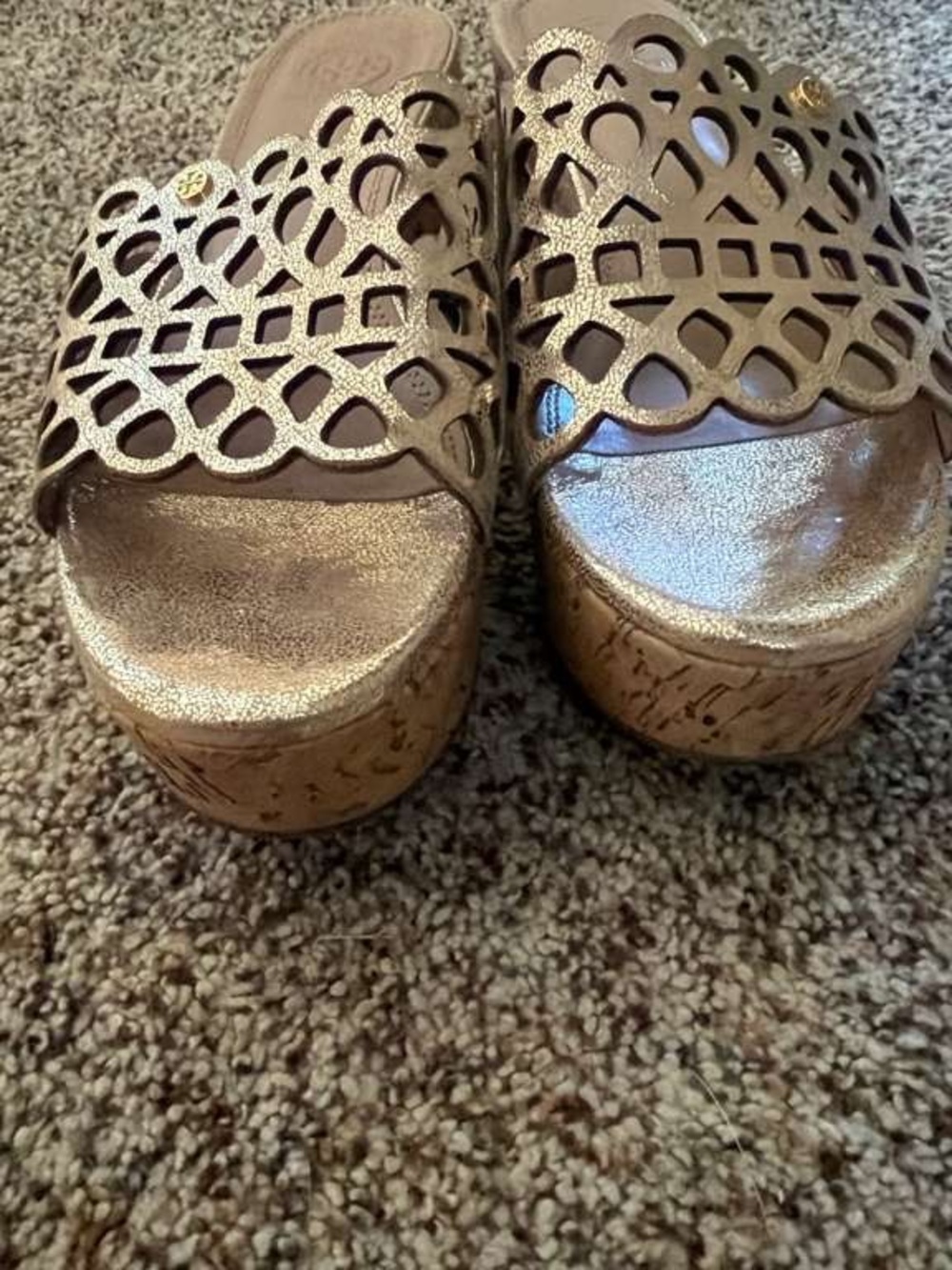 Tory Burch Metallic Gold Cutout Cork Wedge Sandals - Picture 6 of 7